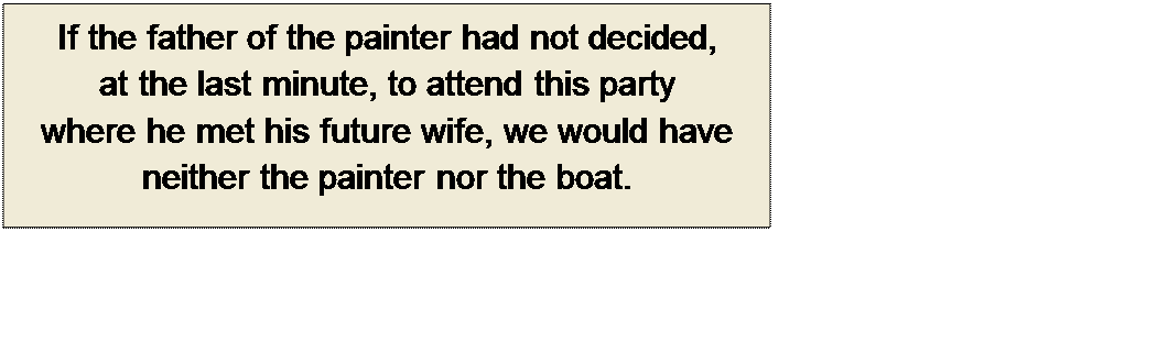 Πλαίσιο κειμένου: If the father of the painter had not decided, 
at the last minute, to attend this party 
where he met his future wife, we would have 
neither the painter nor the boat.
