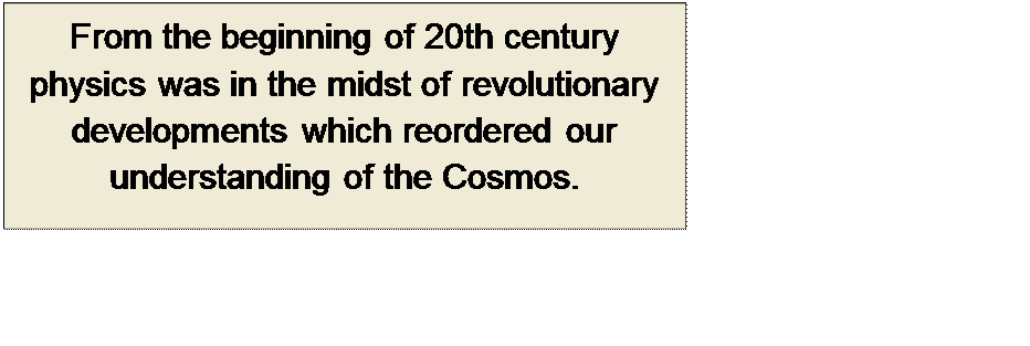 Πλαίσιο κειμένου: From the beginning of 20th century physics was in the midst of revolutionary developments which reordered our understanding of the Cosmos.