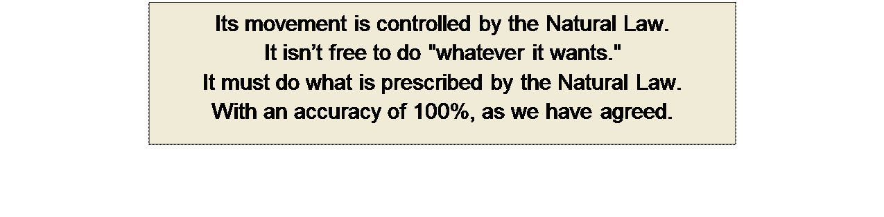 Πλαίσιο κειμένου: Its movement is controlled by the Natural Law.
It isn’t free to do "whatever it wants."
It must do what is prescribed by the Natural Law.
With an accuracy of 100%, as we have agreed.
